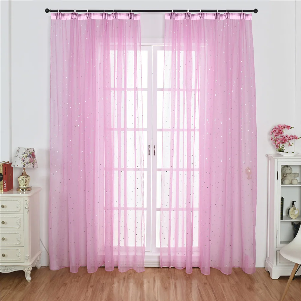 

Voile Window Curtain, Window Curtains, Star Silver Foil Curtain Panel, Romantic Color Star Linen Curtains for Kids Room Pink