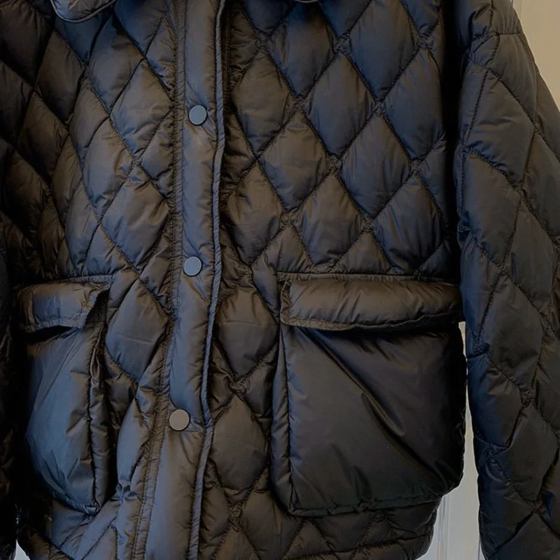 Winter Jacket Women Lapel Diamond Lattice Light And Thin Short 2023 Thickened Warm Korean Fashionable Internet Celebrity Coat