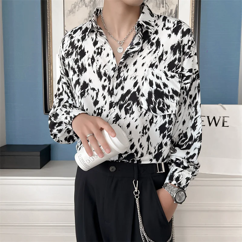 2022 Vintage Print Men's Shirts Autumn Long Sleeve Casual Loose Shirt Fashion Streetwear Social Party Tuxedo Blouse Men Clothing