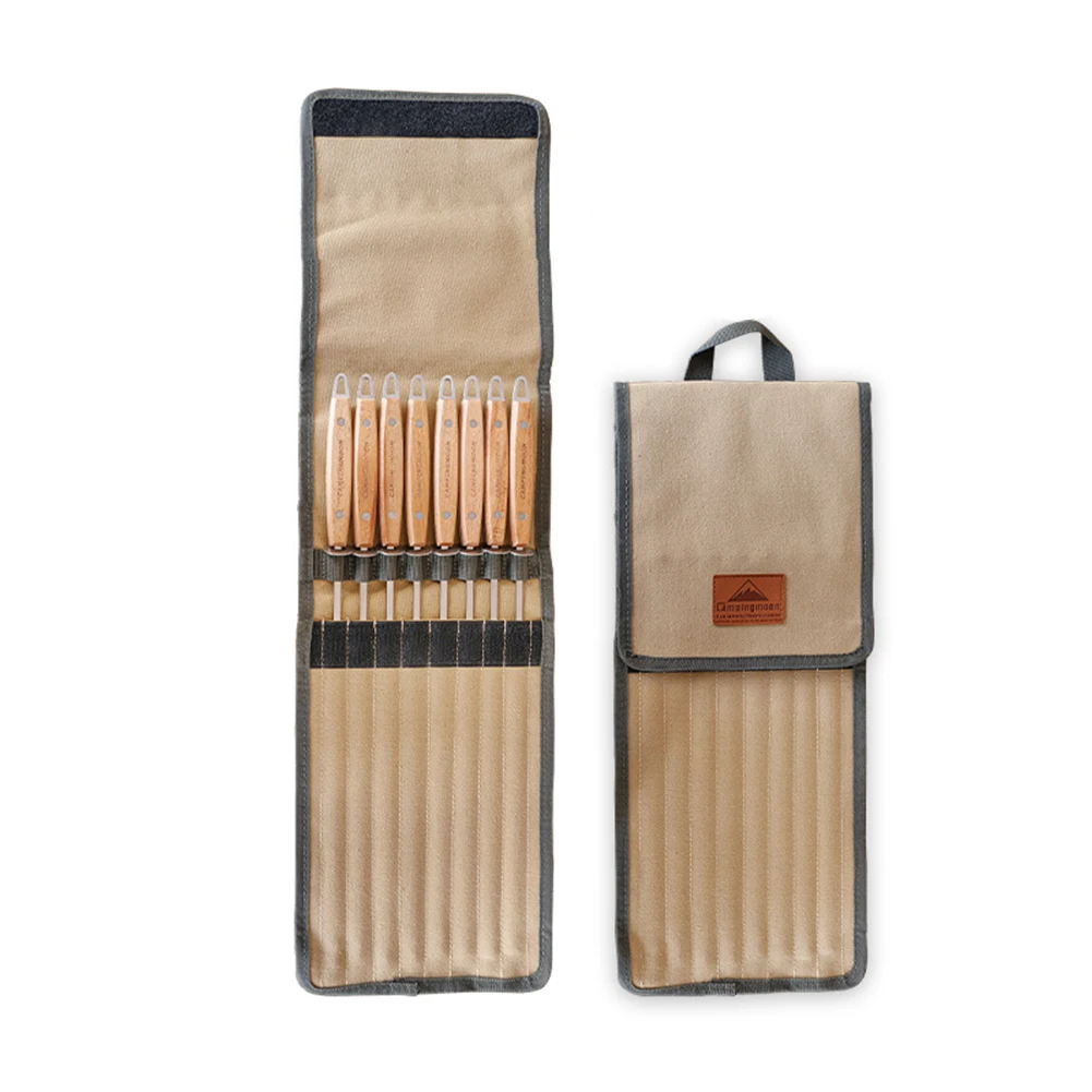 

8pcs/Set Stainless Steel Color Wooden Handle Roasting Fork Stick K-480 Roasting Needle Flat Roasting Forks BBQ Camping Tool