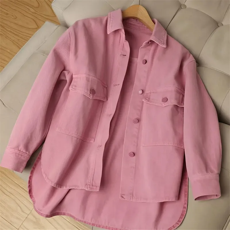 

Женская джинсовая куртка оверсайз, розовая однобортная джинсовая куртка в Корейском стиле, ковбойская куртка, верхняя одежда для весны и осени