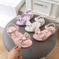children sandals for princess 2022 summer new korean style kids girls with bow solid purple hook loop pearls beach shoes flat