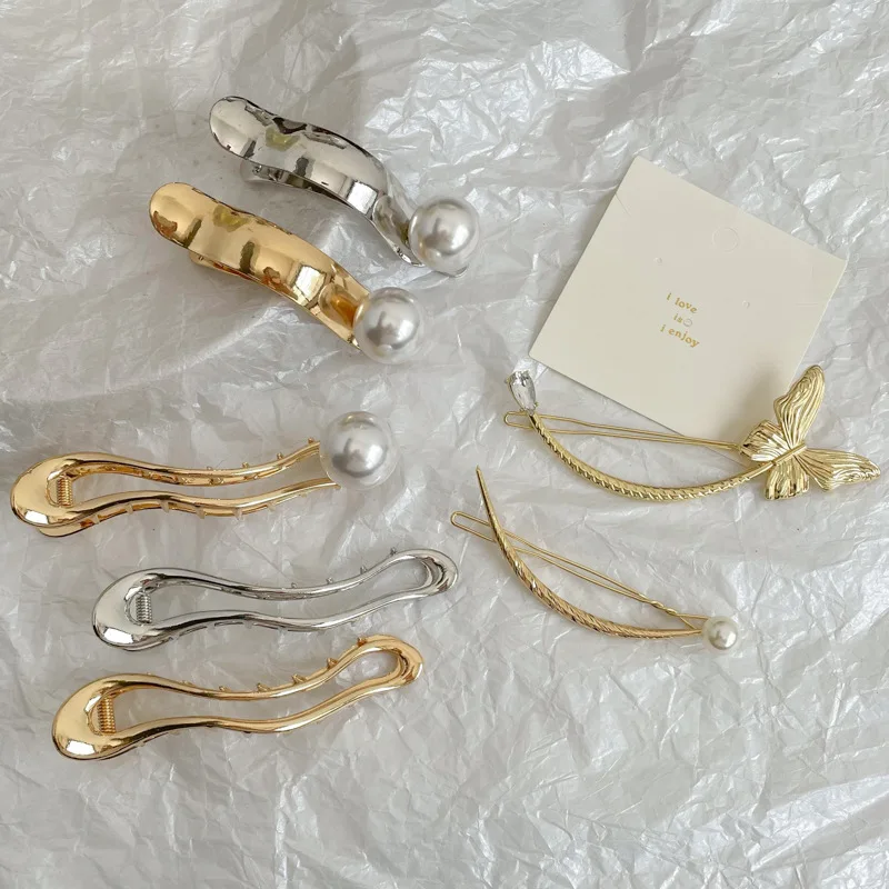 

Kroean Fashion Metal Pearl Hairpin Back Of The Hair Girls Temperament Duckbill Clip Elegant Shark Clip Headdress Hair Accessorie