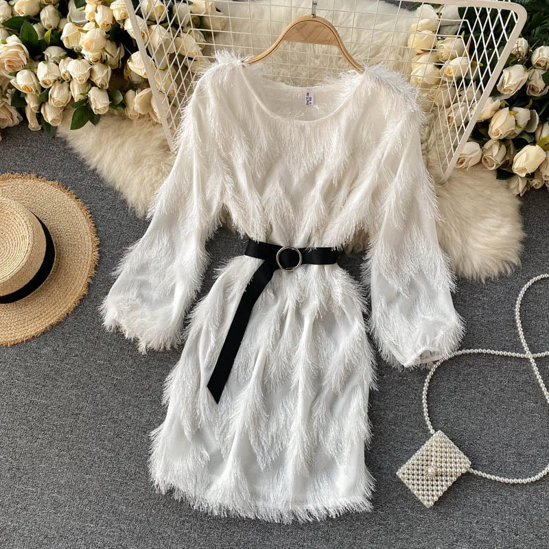 

Черно-белое платье с бахромой и круглым вырезом, короткая юбка с пузырьковым рукавом, Смешанная Юбка со шнуровкой на талии, приталенная Женс...