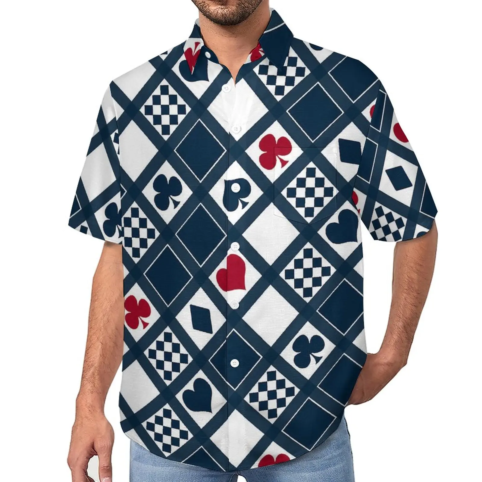 

Playing Cards Vacation Shirt Hearts Crosses Clubs Hawaii Casual Shirts Men Fashion Blouses Short-Sleeve Graphic Clothes Big Size