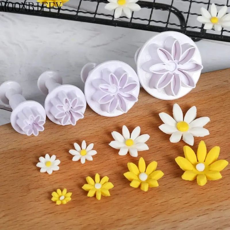 

4Pcs Wedding Daisy Flower Cake Plunger Fondant Cookie Cutter Mold Plum Baking Decorating Biscuit Stamps For Kitchen Accessories
