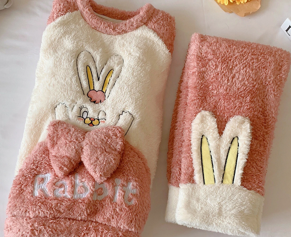 Cute Thick Warm Pajamas Sets Womens Girls Sweet Pink Rabbit Coral Fleece Sleepwear Winter Kawaii Home Clothes Pyjamas Suit 2PCS
