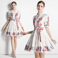 summer floral bow lace up vintage dress 2022 short sleeve v neck runway print slim woman designer dresses casual party frock