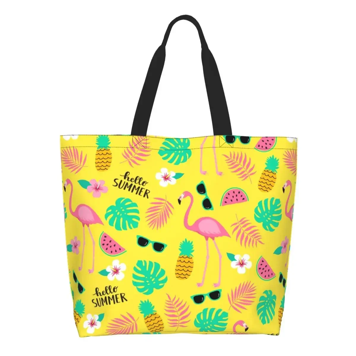 

Cute Flamingos And Leaves Shopping Tote Bags Recycling Tropical Pineapple Pattern Canvas Groceries Shoulder Shopper Bag
