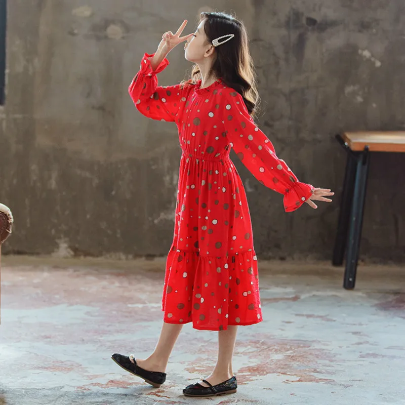 

2022 Autumn Grils Clothes Polka Dot Dress Big Girls Korean Long-Sleeved Dress Fashion Cute Kids Girls Elegant Long Dress A416