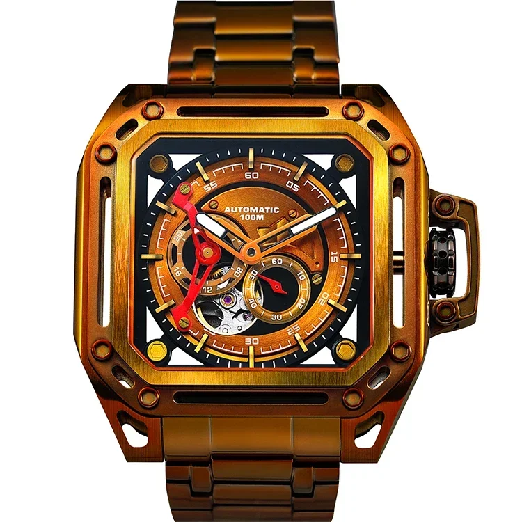 Часы из нержавеющей стали античной бронзы для мужчин MIYOTA 82S7 квадратные часы с