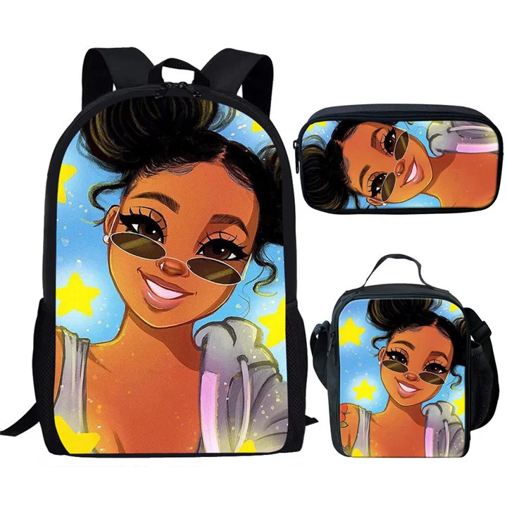 

Cute African Girls Print 3Pcs School Bag Set Boys Girls Student Campus Backpack Lunch Bag Pencil Bag Teenager Casual Backpack