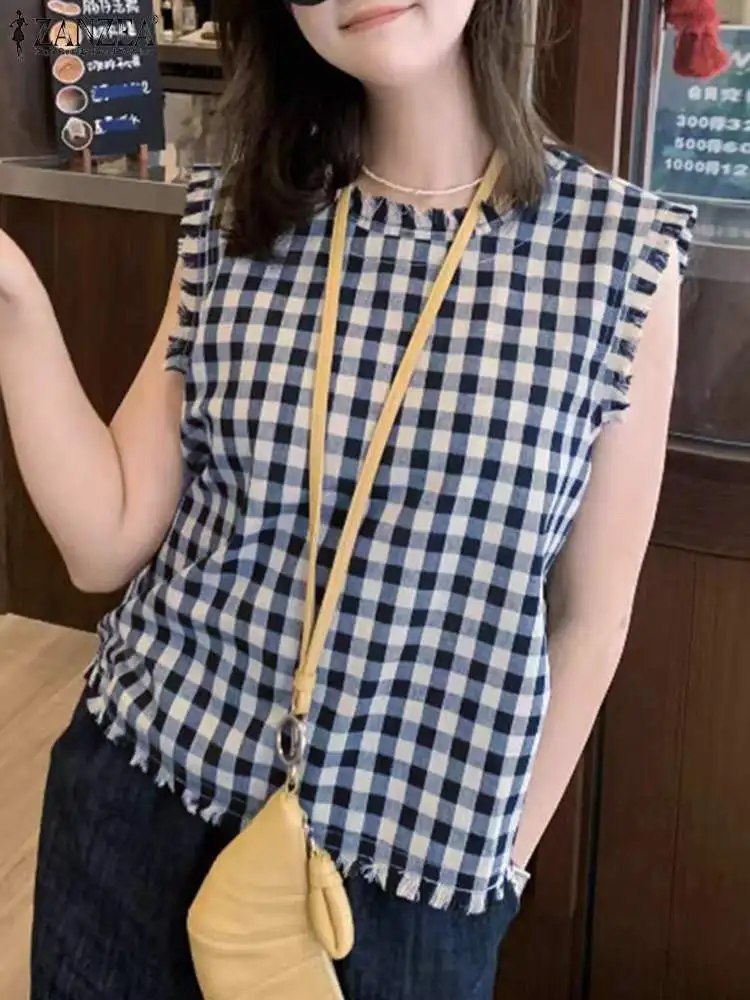 Корейский Летний клетчатый Топ ZANZEA без рукавов Женская Повседневная свободная