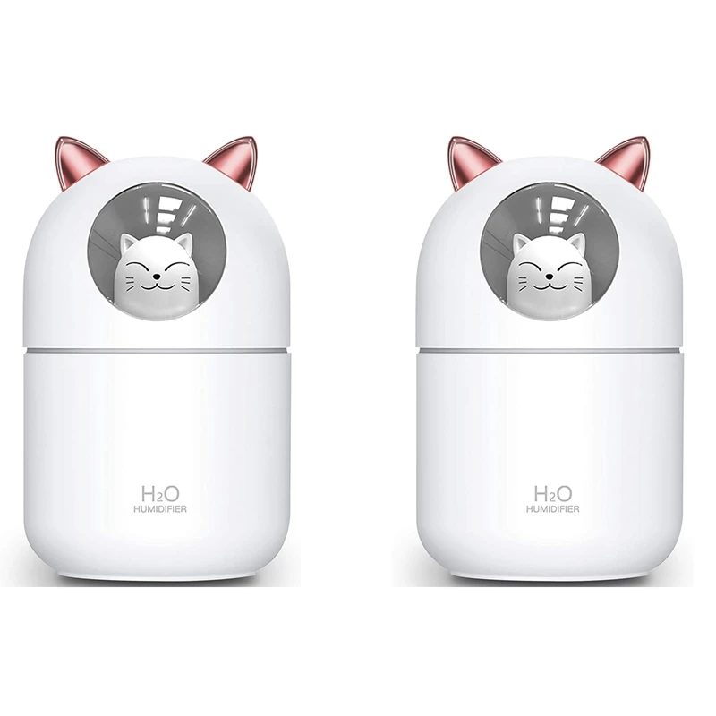 

2X Cute Cat Cool Mist Humidifier Cat Night Light Essential Pure Air For Baby Room,Easy Clean Quiet Operation White