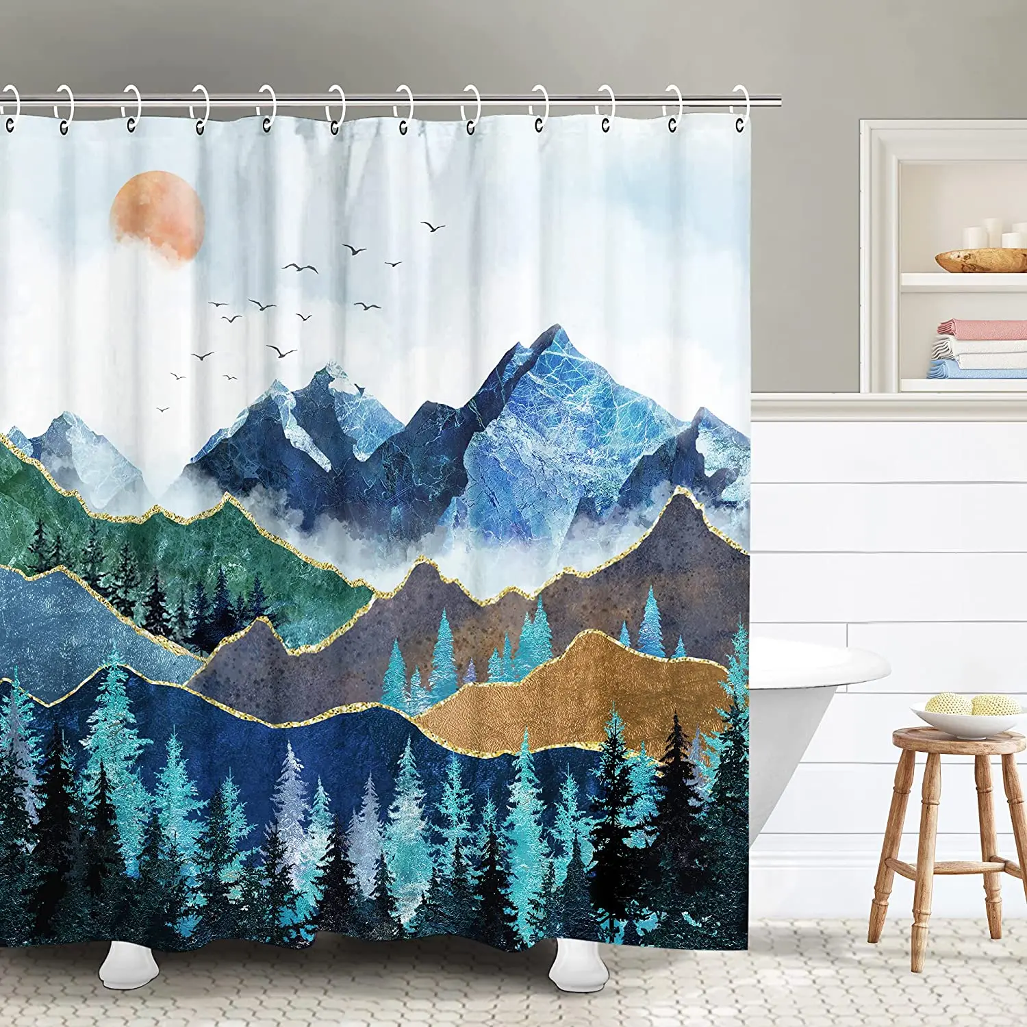 

Водонепроницаемая шторка для душа, занавеска для ванной в японском стиле, с изображением леса и пейзажа, с крючками, синего цвета