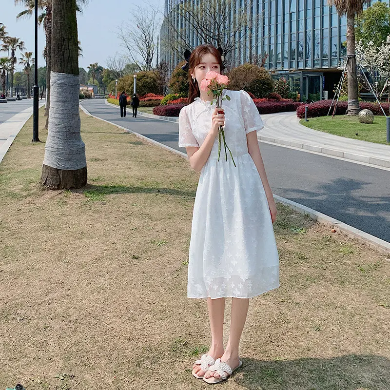 

A Line Pure White Color Feminino Teen Girl Summer Dress Midi Embroidry Floral Short Sleeves Chinese New Cheongsam Dress