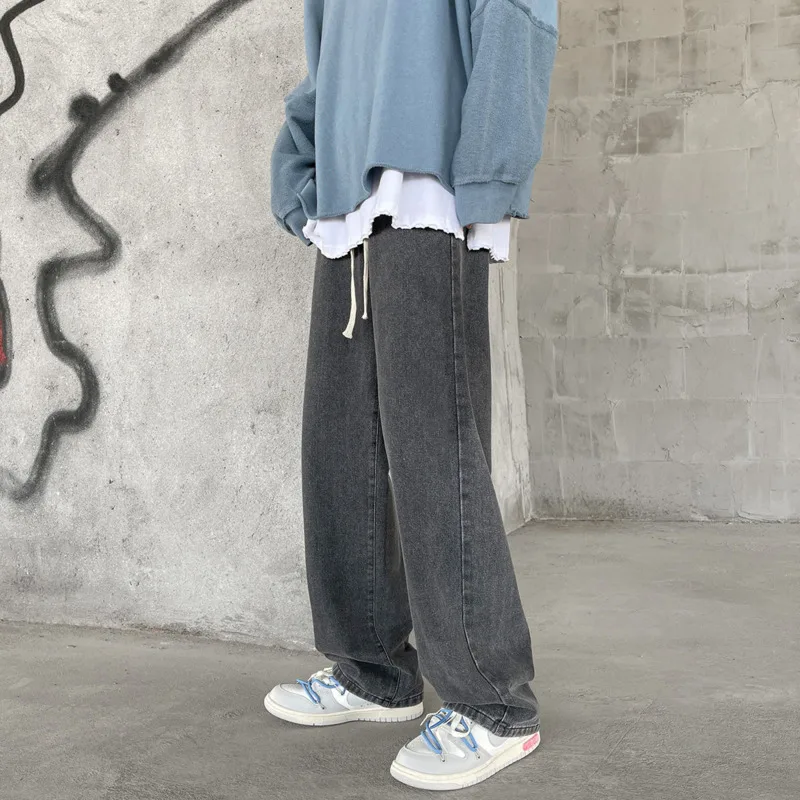 Drawstring Baggy Jeans Men Fashion Casual Wide Leg Jeans Mens Streetwear Loose Hip Hop Straight Denim Pants Mens Trousers S-2XL
