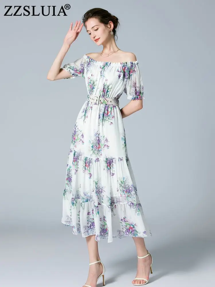 

ZZSLUIA Bohemia Dresses For Women Slash Neck Floral Printed Designer Slim Midi Dress Fashion Elegant Summer Dress Female Clothes