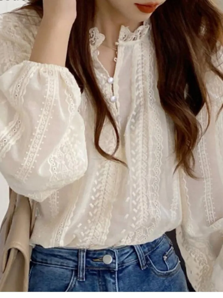 Женская кружевная блузка с круглым вырезом элегантная повседневная Свободная