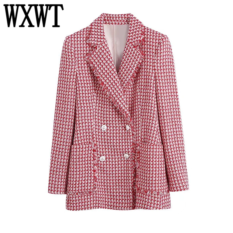 

WXWT Women Plaid Print Slim Blazer Long Sleeve Double Breasted With Pockets Jacket Coat Ladies High Street Tops BB22180