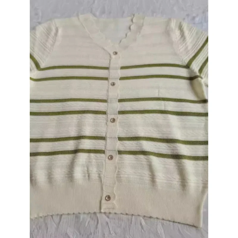 Искусственный кардиган из ледяного шелка с v-образным вырезом полосатый вязаный