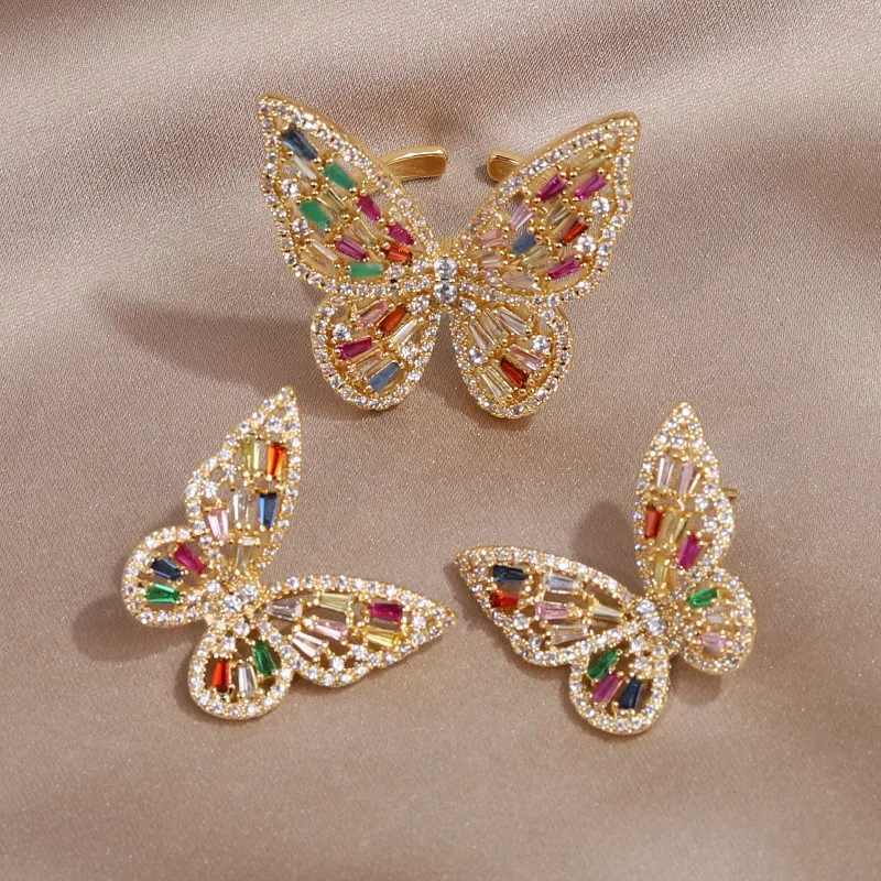 

South Korea Hot Selling Fashion Jewelry Exaggerated Luxury Copper Inset Color Zircon Butterfly Ring Earrings Set Female