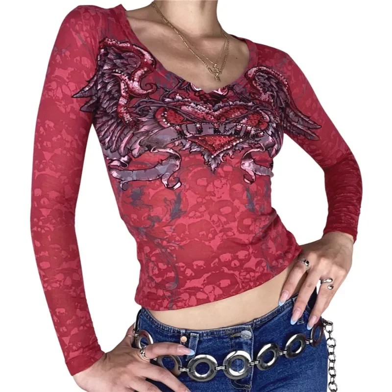 

2023New Y2K Heart Print T Shirts Vintage Harajuku Grunge Fairycore Long Sleeve Clothes Aesthetic Tee 90s V-neck Autumn Tops