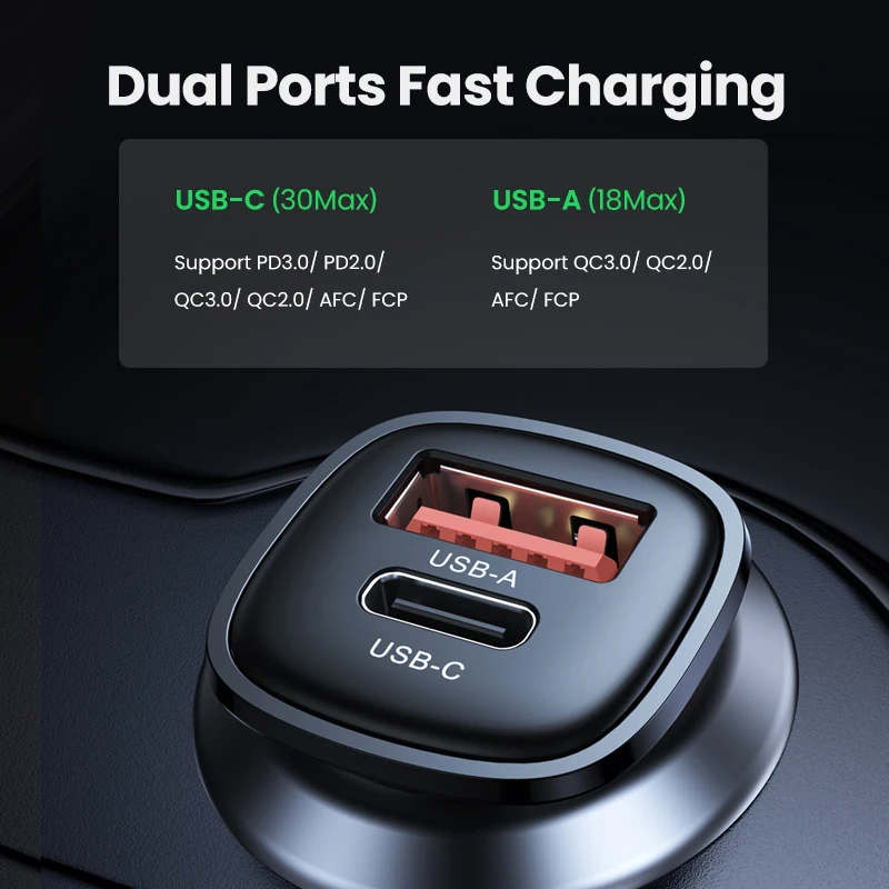 UGREEN Car Charger 30W PD Quick Charge QC4.0 3.0 SCP Type C Fast USB Car Charger For iPhone 14 13 12 Xiaomi Mobile Phone Charger 2
