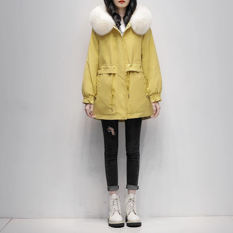 

Женское пальто на белом утином пуху, свободное однотонное пальто с длинным меховым воротником и капюшоном, K61, зима 2023