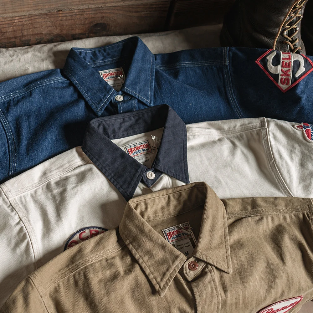 

Bronson Gas Station Embroidery Patch Work Shirt 1950s Retro Men Long Sleeve Shirt