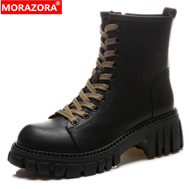 

Женские кожаные ботильоны на шнуровке MORAZORA, черные кожаные ботильоны на платформе, на шнуровке, с круглым носком, лето 2023