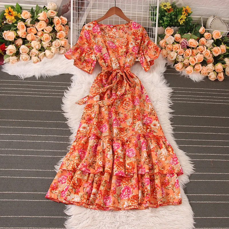 

Summer Women Floral Print Boho Dress Fashion Ruffle Sleeves Slim Lace Up Pleated Mid-length Beach Dresses Women