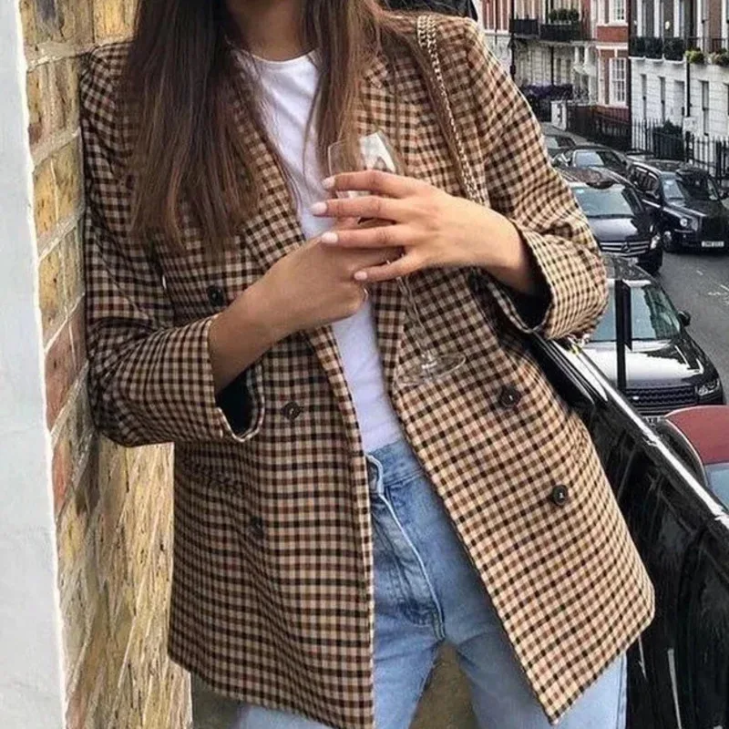 MUXI-Женская двубортная куртка в клетку свободный офисный костюм Официальный