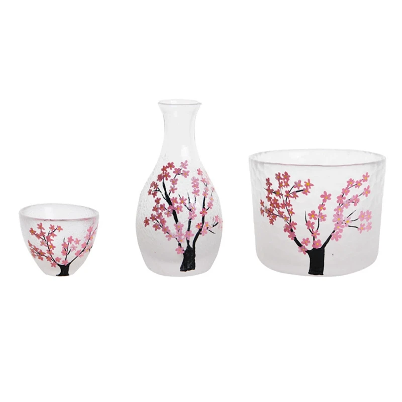 

3 Pcs Japanese Sake Set Handcraft Pink Cherry Blossoms Design, Cold/Warm/Hot Sake Carafe, Special Japanese Gifts Set