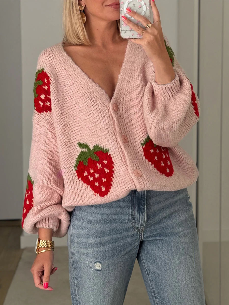 Женский вязаный кардиган с длинным рукавом клубничная застежка на пуговицы