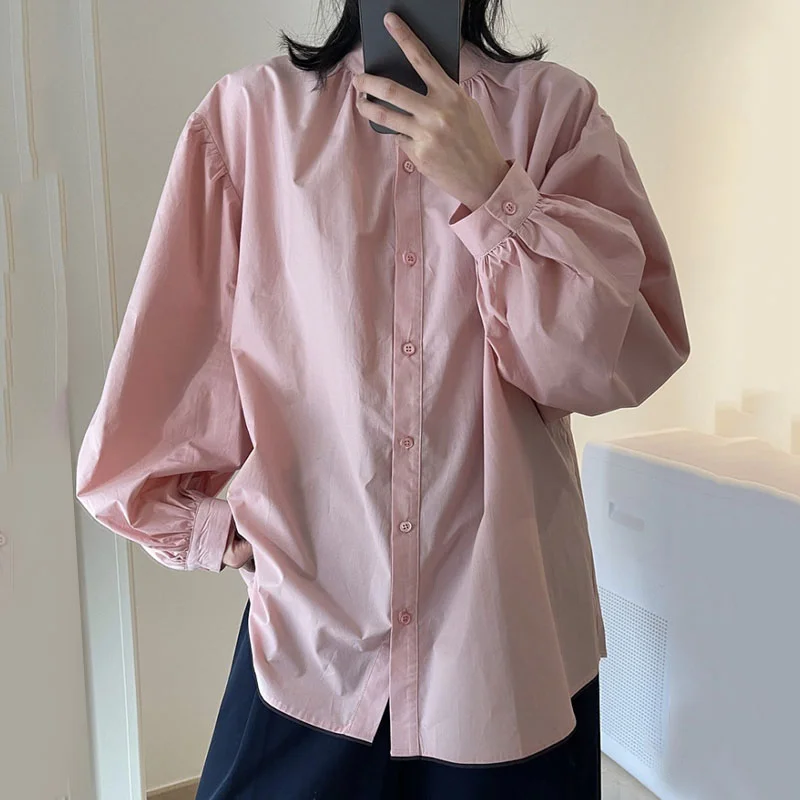 

Casual Loose Solid Simple Autumn Korean Chic Fashion Women Tops Stand Collar Single Breasted Long Lantern Sleeve Shirt 23567