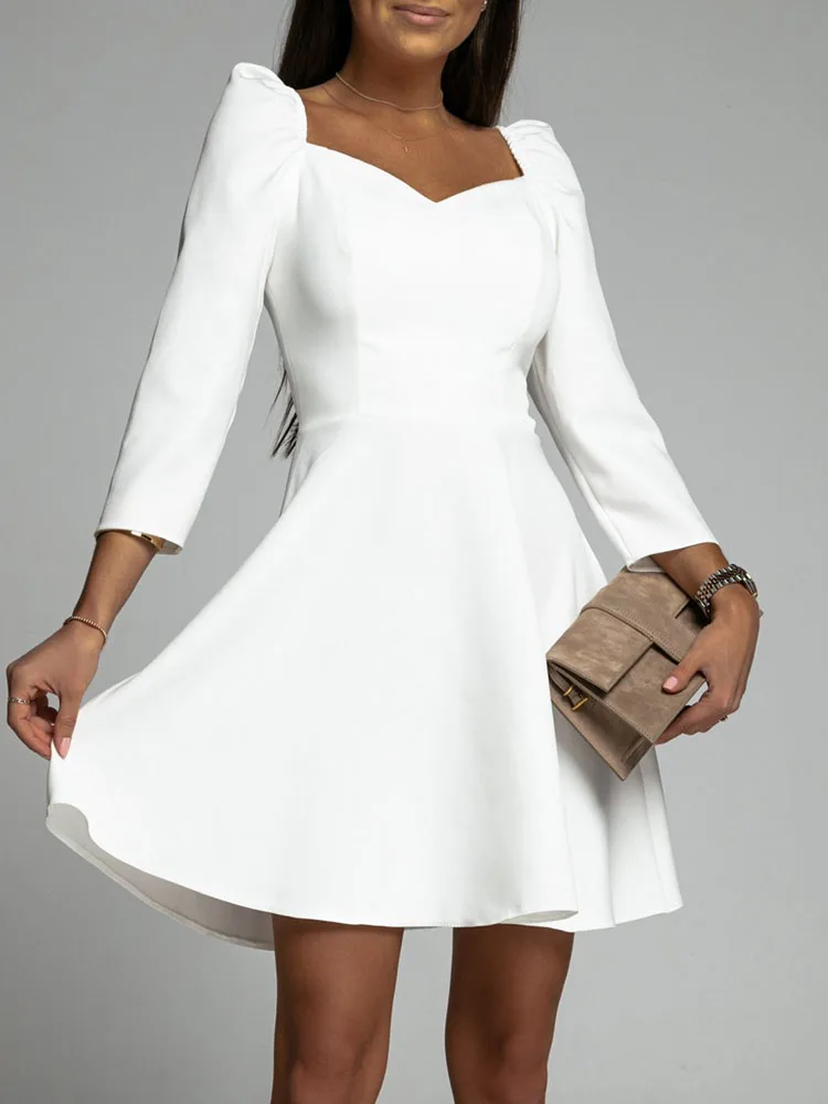 

Elegant Office Mini Simple Summer Dress Lady V Neck Long Sleeve Slim Pleated Elegant Dress Solid Strapless Backless Party Dress