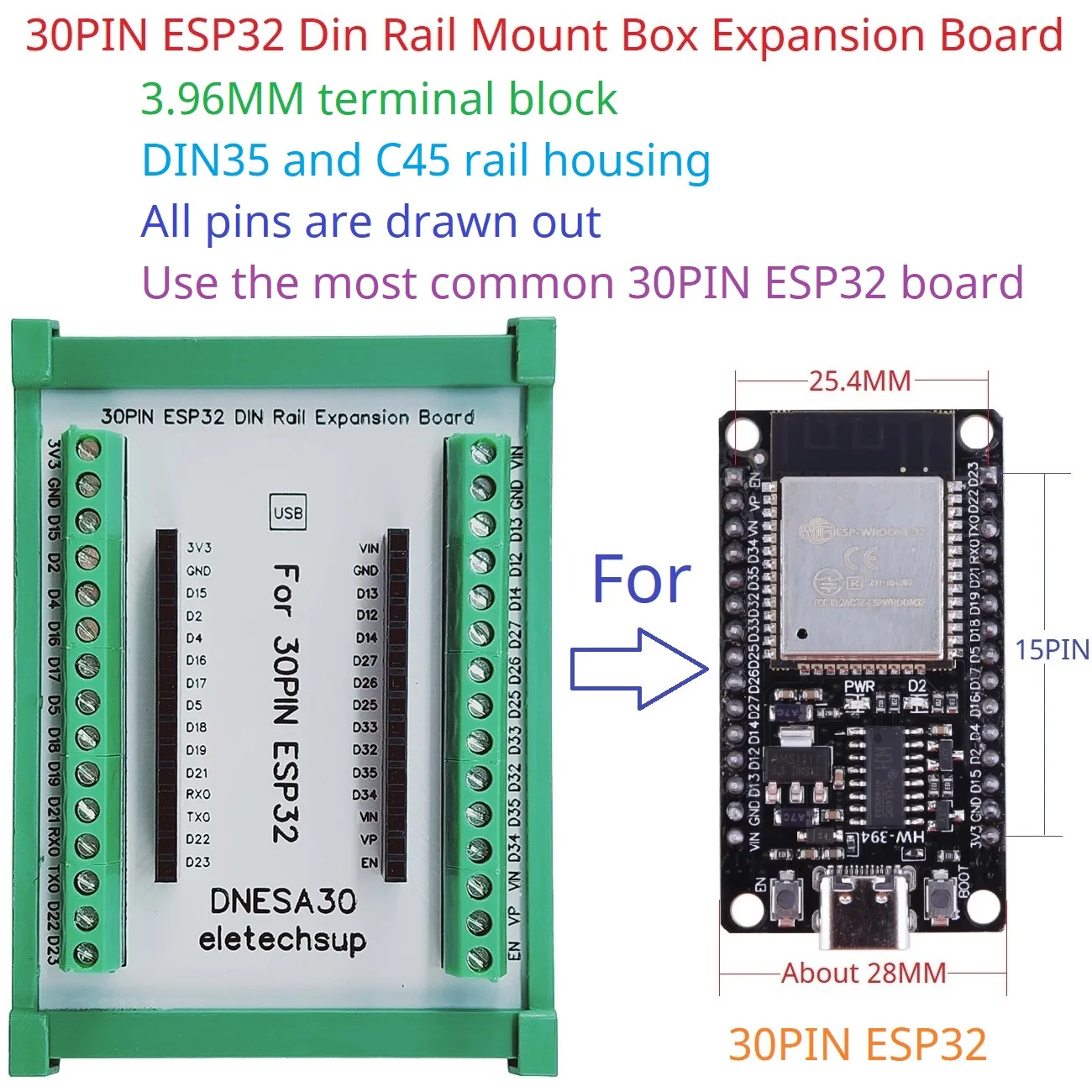 Фото 30PIN ESP32 Devkit V1 Плата расширения на DIN-рейку 3,96 Клеммный винтовой клеммный блок Модуль адаптера для Bluetooth WIFI IOT Ethernet №1