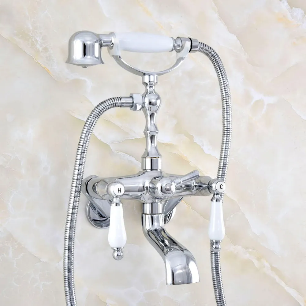 

Polished Chrome Brass 3-3/8" Tub Mount Clawfoot Tub Faucet Mixer Tap With Hose & Spray Wall Mounted Dual Ceramic Handles mqg419