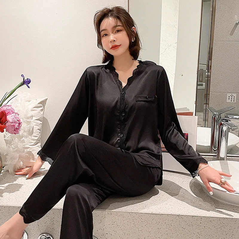 New Spring Summer Pajamas Lace Sexy Simulation Silk Pajama Female Casual Comfortable Sweet Home Wear Two-piece Suits