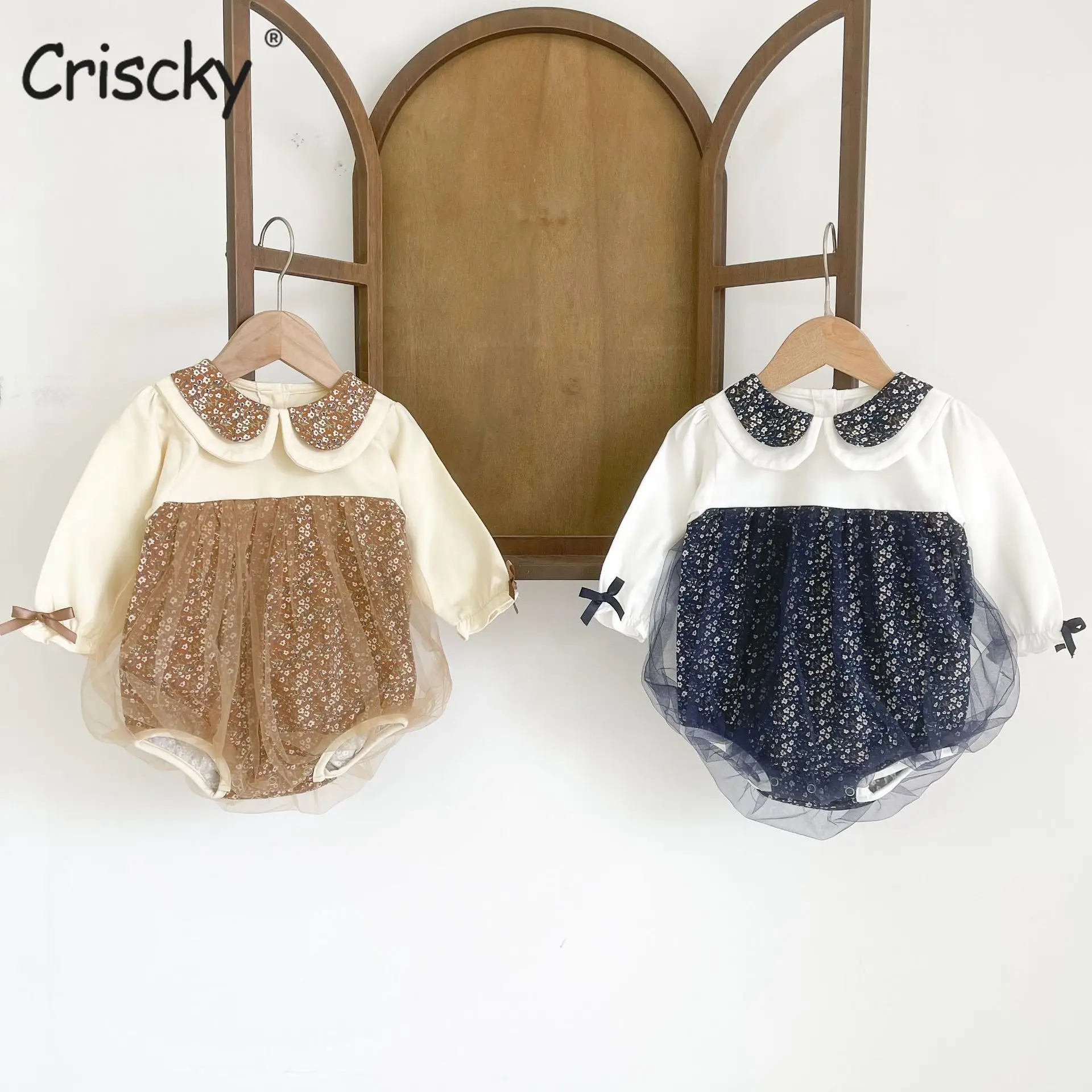 Criscky Newborn Infant Baby Girls Clothes Long Sleeve Lace Mesh Peter Pan Collar Bodysuit Lace Dress Jumpsuit Outfits Clothing