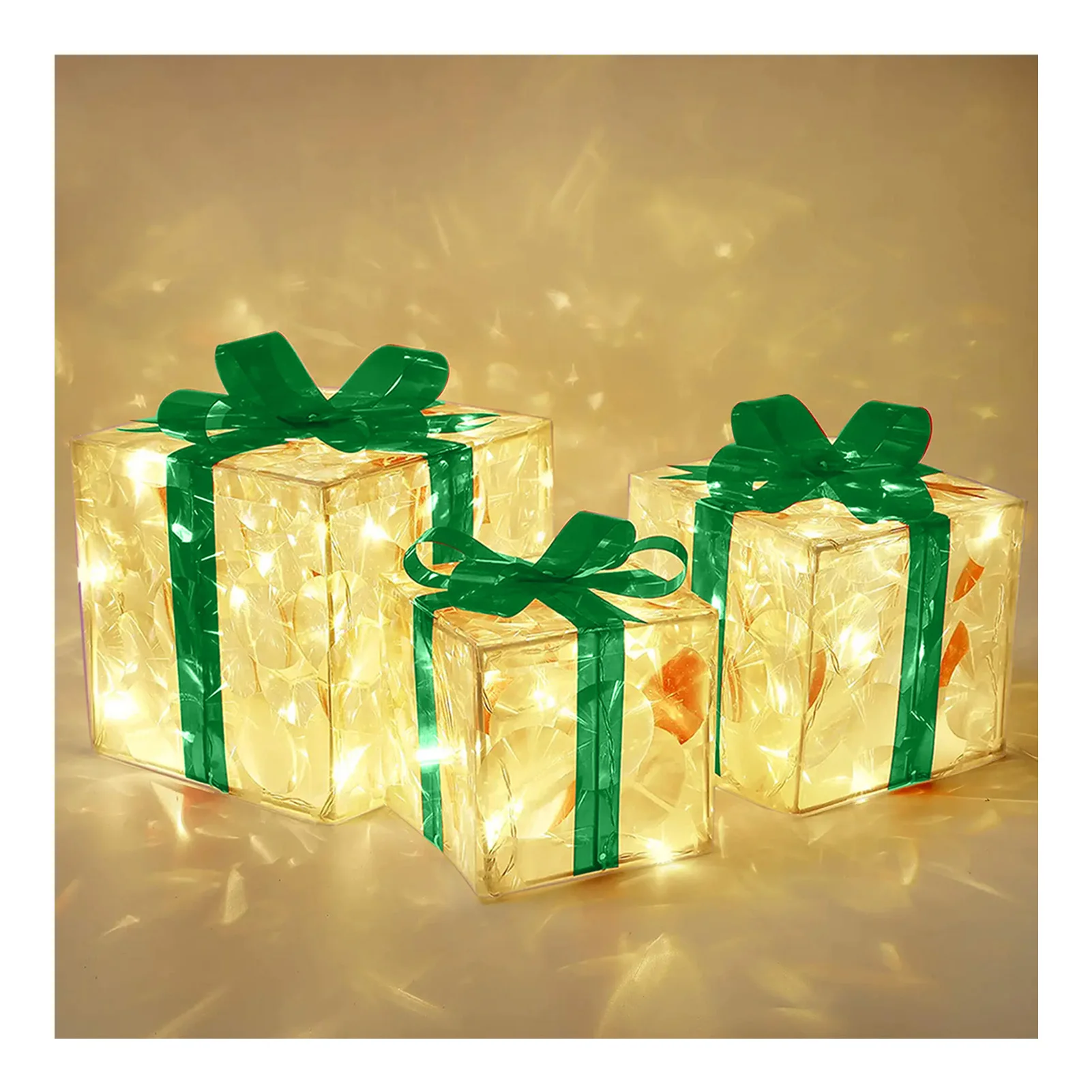 

Set of 3 Christmas Lighted Gift Boxes Ornament 3 Colors Optional Ribbon Clear Box for Xmas Weddings Party Yard Home Decor