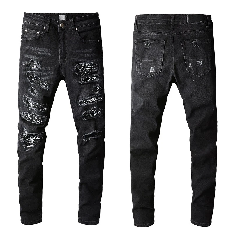 

Мужские облегающие джинсы AM Fashion, черные эластичные потертые камуфляжные заплатки, рваные брюки в стиле панк