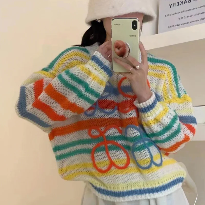 

Hollow out Rainbow Sweater Cropped Knit Tops Women 2023 Sping Casual Long Sleeve Ladies Mohair Pullover Stripped pull femme