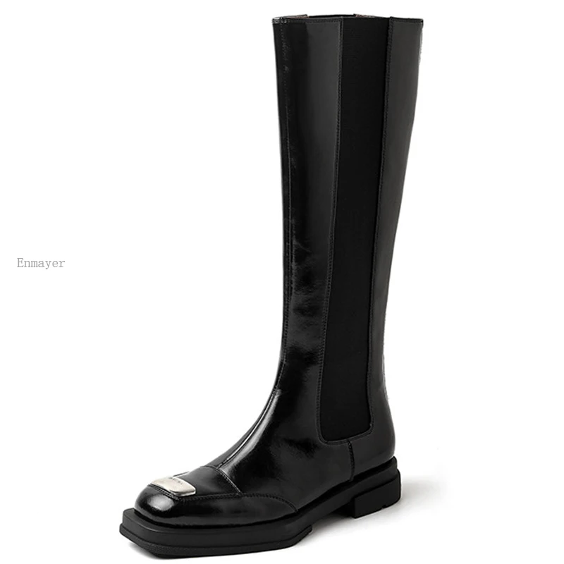 

AnmaiRon Elegant Fashion Concise Women Knee High Boots Party Office Lady Thick Heels Cow Suede Leather Shoes Woman Autumn Winter