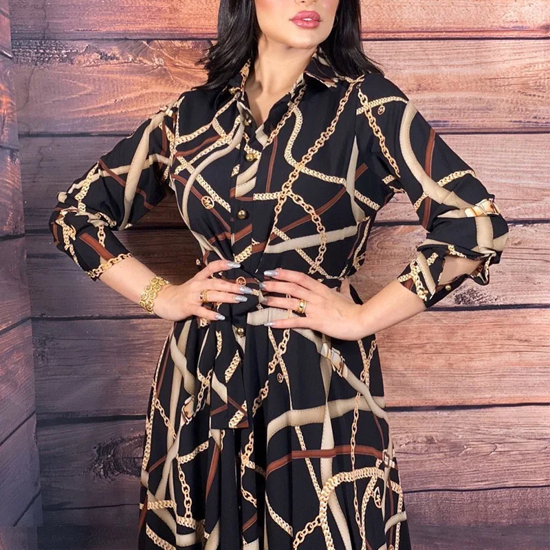 2023 Muslim Women's Clothing V-neck Printed Casual Dress with Belt Middle East Dubai Abaya Vintage Robe Caftan Marocain Femme