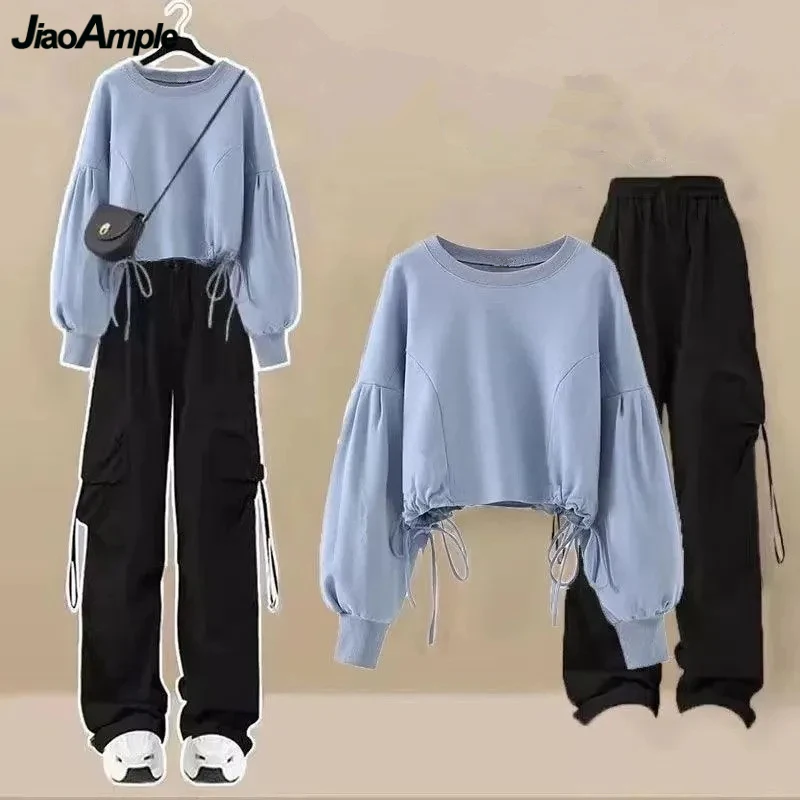 

2023 Spring Autumn Shirring Short Sweatshirt Safari Pants 1 or 2 Piece Set Korean Casual Tops Trousers Outfits Lady Streetwear
