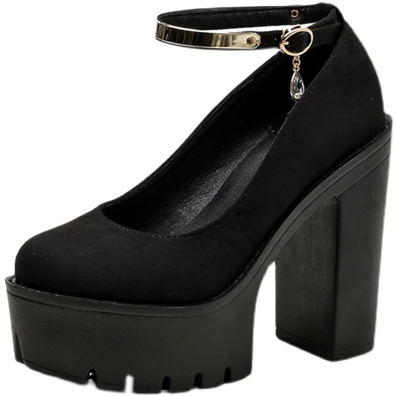 

Single Shoes Women Shoes PU Solid Color Round Toe Thick Bottom Word Buckle Crystal Pendant Fashion Nightclub High Heels KC033