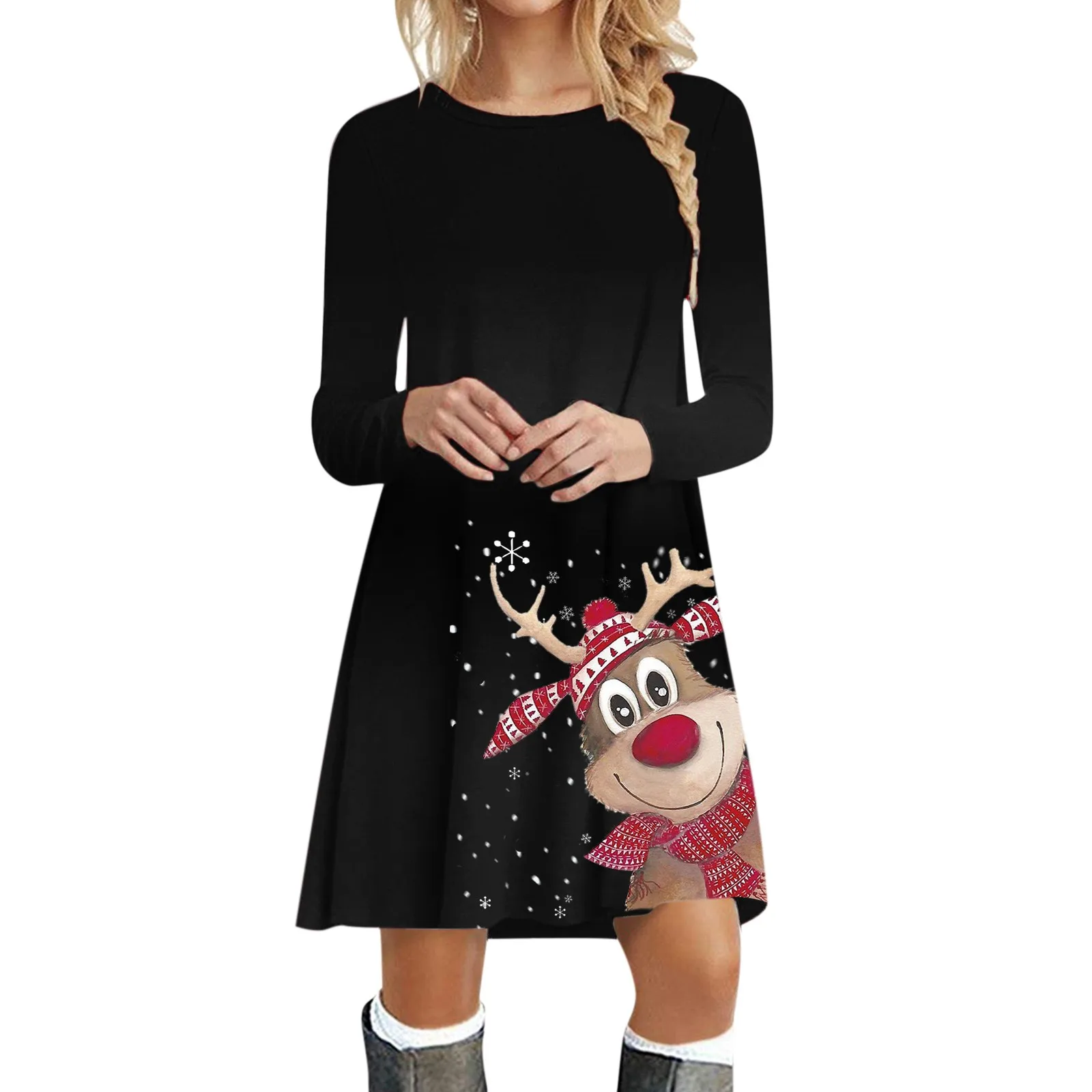 

Christmas Womens Long Sleeve Crew Neck Deer Printed Soft Dress Fashion Cocktail Party Swing Christmas Women Dress 2023 Vestido