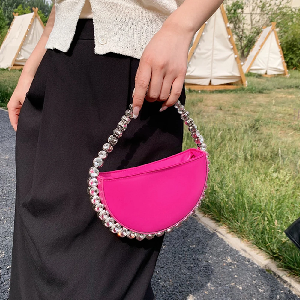 Sequined Evening Bags for Women Luxury Diamonds Handle Women Handbag Mini Half Moon Shoulder Bag Fashion Designer Bag Clutch New